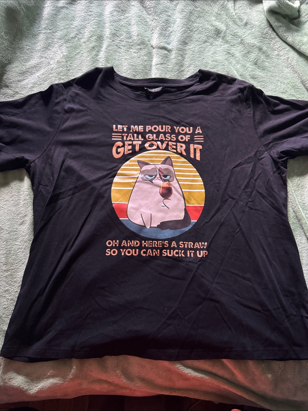 NWOT Black Short-Sleeve Graphic Tee Featuring Cat and Retro Sunset